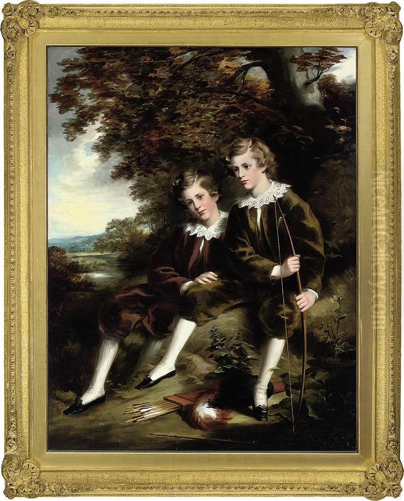 Portrait Of Charles And Terrell Garnett Of Undercliffe House,Bradford, Full-length, In A Landscape Oil Painting by Isaac Faulkner Bird