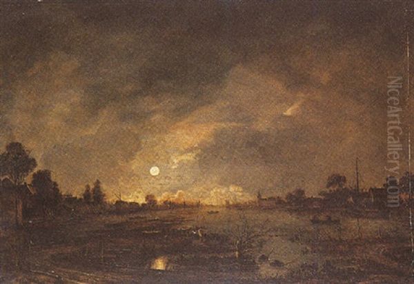 An Extensive Moonlit River Landscape Near A Village Oil Painting by Aert van der Neer