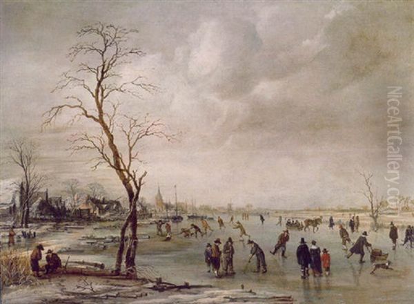 A Winter Landscape With Townsfolk Skating And Playing Kolf On A Frozen River, A Town Beyond Oil Painting by Aert van der Neer
