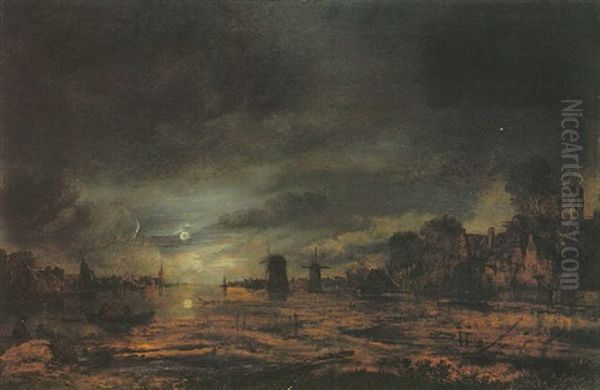 River Landscape By Moonlight With Windmills And A Town In The Distance And Fishermen In The Foreground Oil Painting by Aert van der Neer