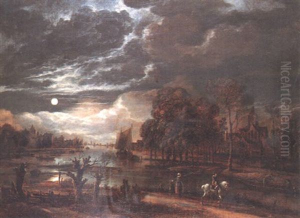 A Moonlit River Landscape With A Man On A Horse Passing A Woman And Child Oil Painting by Aert van der Neer