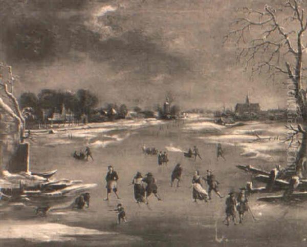 Peasants Skating And Playing Golf On Frozen Waterway Oil Painting by Aert van der Neer