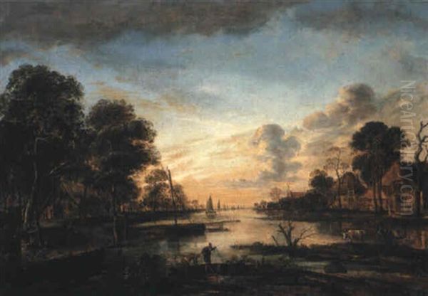 River Landscape With Fishermen Near A Village At Dusk Oil Painting by Aert van der Neer