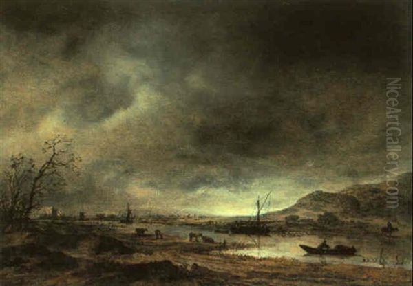 Abendliche Flusslandschaft Oil Painting by Aert van der Neer