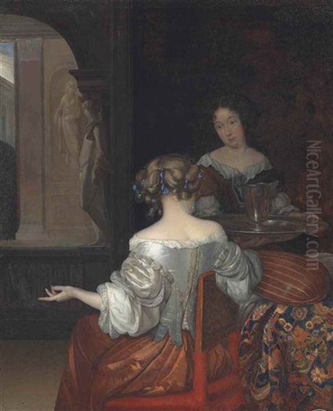 A Seated Lady With Her Maid In An Interior Oil Painting by Eglon van der Neer