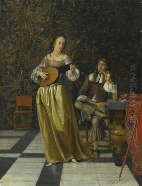 A Lady Playing A Lute With A Gentleman Seated At A Table In An Interior Oil Painting by Eglon van der Neer