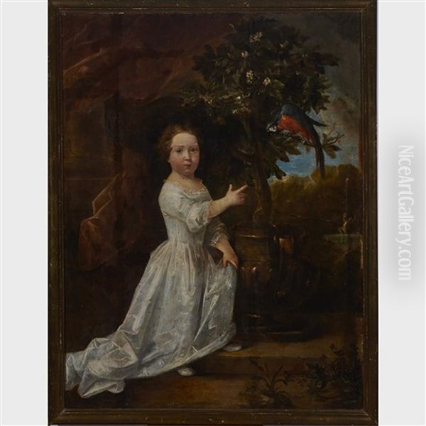 Young Girl In A Garden Pointing To A Parrot Oil Painting by Eglon van der Neer