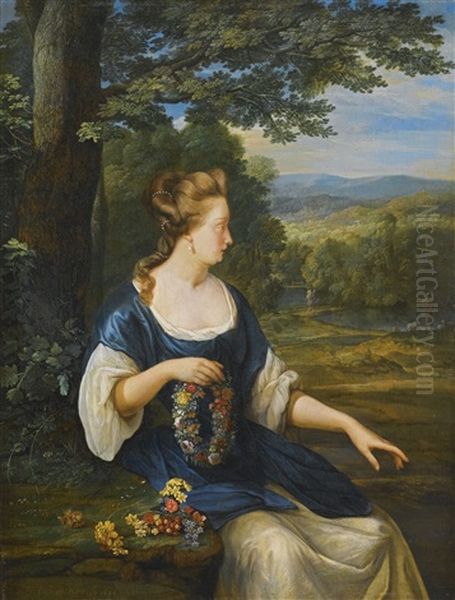 Portrait Of A Young Woman, Three-quarter Length, Seated In A Landscape Holding A Floral Wreath Oil Painting by Eglon van der Neer