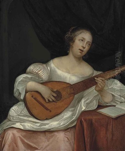 A Woman Playing A Bandora Oil Painting by Eglon van der Neer