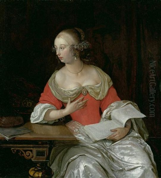 Edle Dame An Einem Tisch Mit Laute Und Notenblattern Oil Painting by Eglon van der Neer