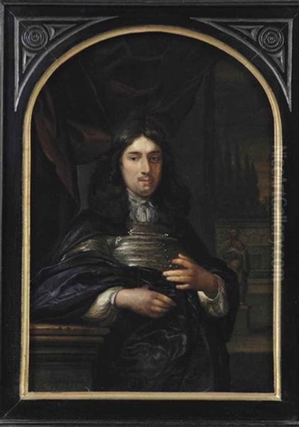 Portrait Of A Gentleman Leaning On A Ballustrade, Three-quarter-length, In A Dark Blue Coat, Before A Red Curtain, A Garden With Statues Beyond Oil Painting by Eglon van der Neer