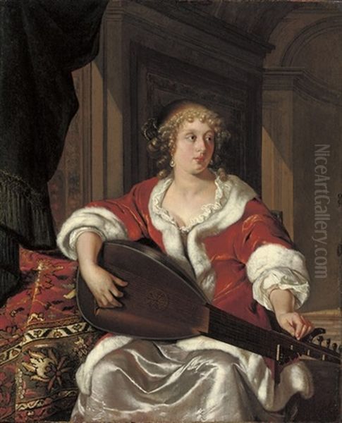 A Lady Tuning A Luth Theorbe Oil Painting by Eglon van der Neer