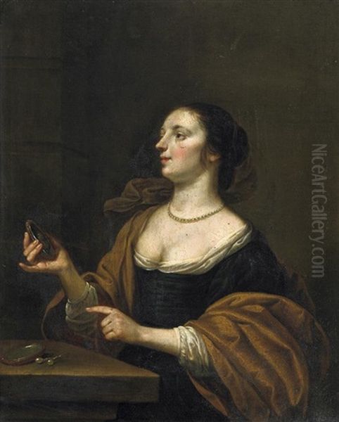 Bildnis Einer Elgeganten Dame, In Der Rechten Einen Spiegel Haltend. Auf Dem Tische Ihr Kostbarer Perlenschmuck Oil Painting by Eglon van der Neer