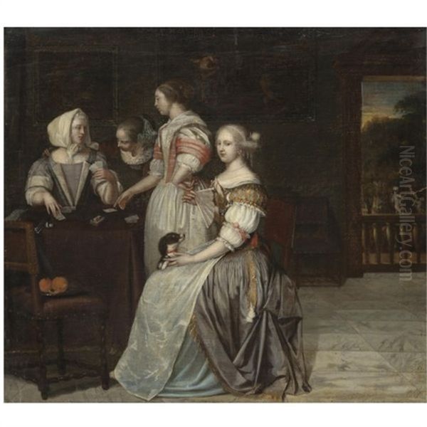 An Interior With A Company Of Elegant Ladies Playing Cards, A Balustrade With A Landscape Beyond Oil Painting by Eglon van der Neer