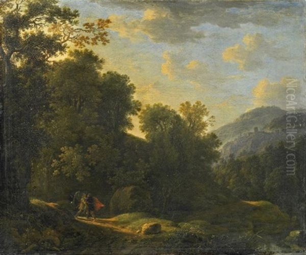 Jakobs Kampf Mit Dem Engel. Lichtung Vor Einer Weiten Bergigen Waldlandschaft Oil Painting by Eglon van der Neer