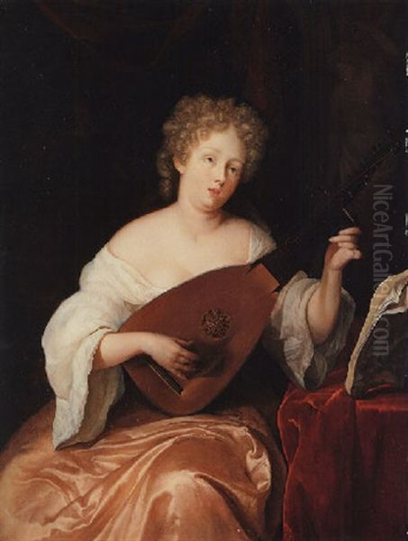 A Young Woman Seated, Playing A Lute Oil Painting by Eglon van der Neer