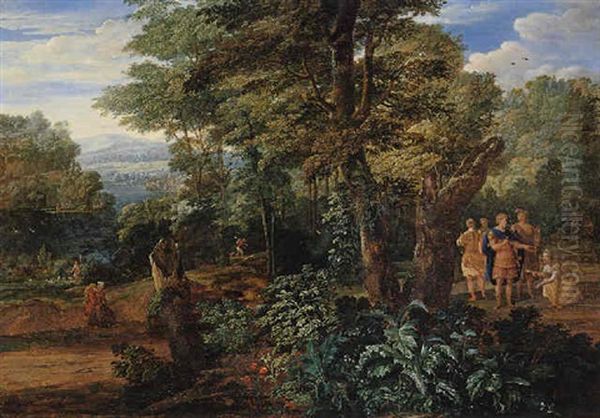 A Wooded River Landscape With Semiramis Receiving The Crown Of The King Of Assyria Oil Painting by Eglon van der Neer