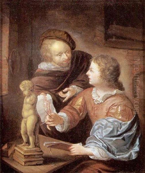 L'apprentissage D'un Jeune Sculpteur Oil Painting by Eglon van der Neer