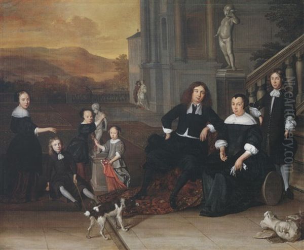 A Portrait Of A Family Group On A Terrace By An Elegant House (a Self Portrait With His Family?) Oil Painting by Eglon van der Neer