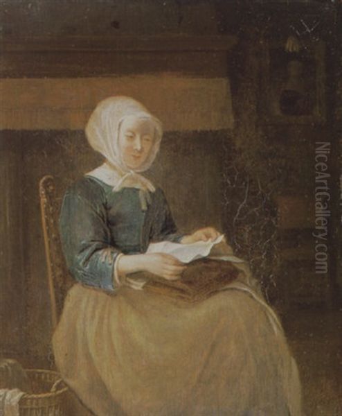A Lady Seated In An Interior Reading A Letter Oil Painting by Eglon van der Neer
