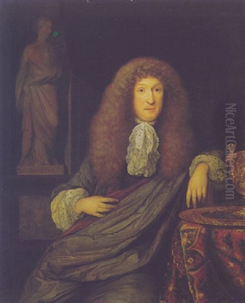 Portrait Of A Gentleman Wearing Grey And Seated At A Table With A Silver Gilt Ewer And Basin Oil Painting by Eglon van der Neer