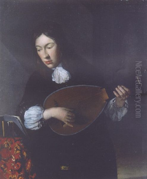 A Youth Standing By A Table In An Interior, Playing The Lute, A Statue In A Niche Beyond Oil Painting by Eglon van der Neer