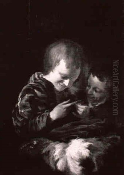 Zwei Knaben, Einen Kleinen Vogel Haltend Oil Painting by Eglon van der Neer