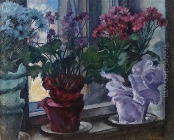 Flowers In The Window Oil Painting by Grigore Negosanu
