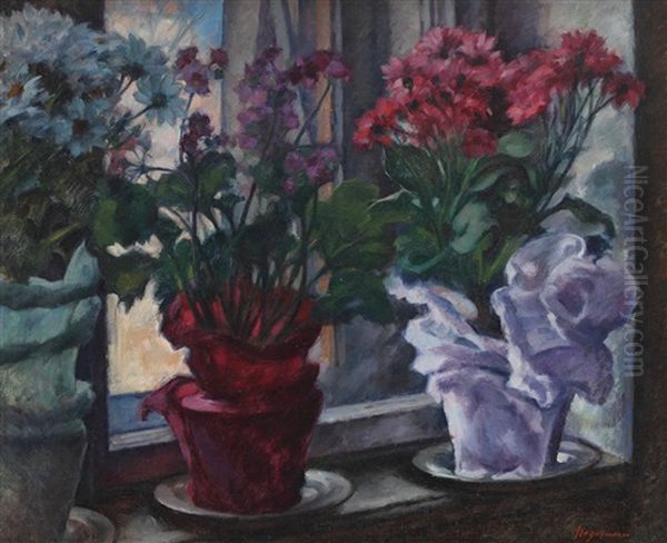 Ghivece Cu Flori La Fereastra Oil Painting by Grigore Negosanu