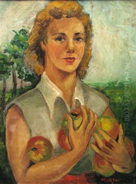 Girl With Apples Oil Painting by Grigore Negosanu