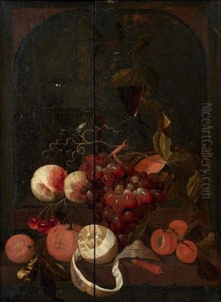 Nature Morte Aux Raisins, Peches, Oranges, Et Citrons, Roehmer Et Verre Facon De Venise Dans Une Niche Oil Painting by Martinus Nellius