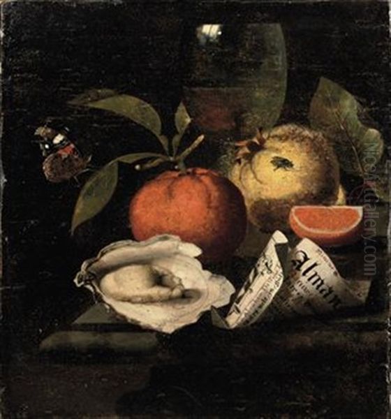 An Orange, A Quince, An Oyster, A Partly Rolled-up Leaflet, A Wine Glass, A Red Admiral Butterfly And A Fly, All On A Marble Ledge Oil Painting by Martinus Nellius