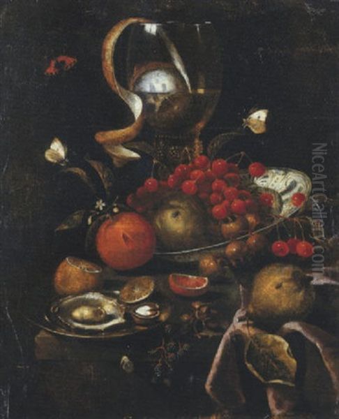 A Partly-peeled Lemon In A Giant Roemer, A Dish With Cherries, Apples And Oranges, A Plate With Oysters And A Walnut, With A Pear, Blackberries And Butterflies Oil Painting by Martinus Nellius