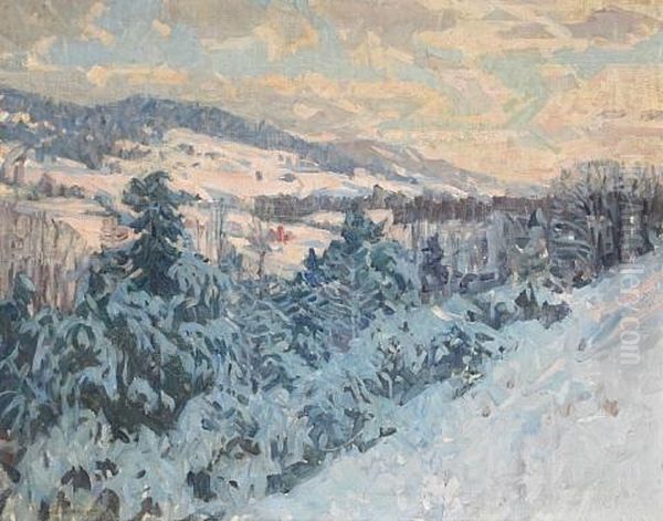 Winter Scene With Distant Farmhouses Oil Painting by Bruce Nelson