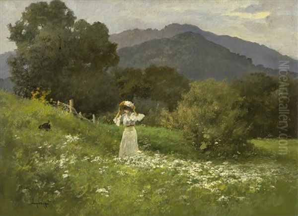 Junge Frau Mit Ihrem Hund Auf Einer Blumenwiese Oil Painting by Antal Neogrady