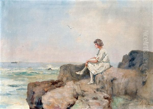Lady On The Seaside Rocks Oil Painting by Antal Neogrady