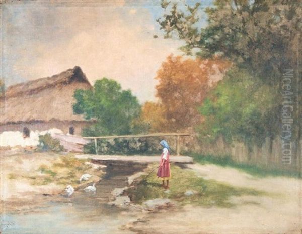 Scene Rurale D'une Fillette Pres D'un Cours D'eau Aux Oies Oil Painting by Antal Neogrady