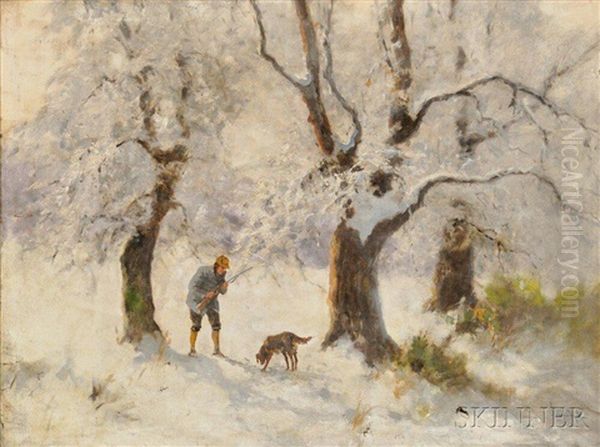 Hunter And Dog In A Snowy Wood Oil Painting by Antal Neogrady