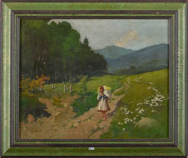 Fermiere Sur Un Chemin De Campagne Oil Painting by Antal Neogrady