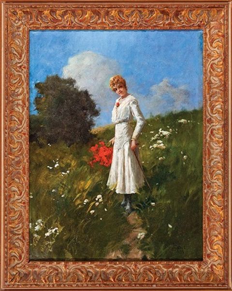 Young Woman Gathering Wildflowers In A Field Oil Painting by Antal Neogrady