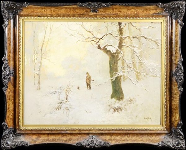 Hunter In Snow-covered Landscape Oil Painting by Antal Neogrady