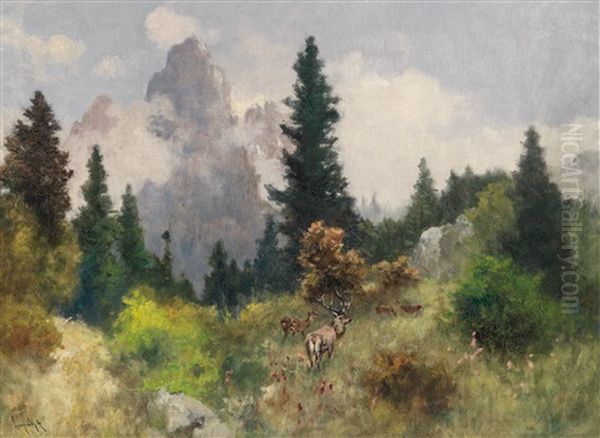 Rotwild Auf Waldlichtung Oil Painting by Antal Neogrady