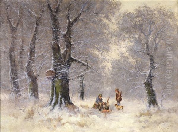Winter Landscape With Huntsmen Oil Painting by Antal Neogrady