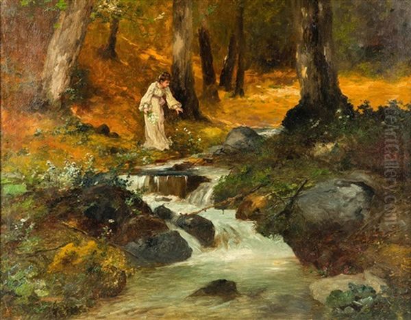 Blumenpfluckendes Madchen Am Waldbach Oil Painting by Antal Neogrady
