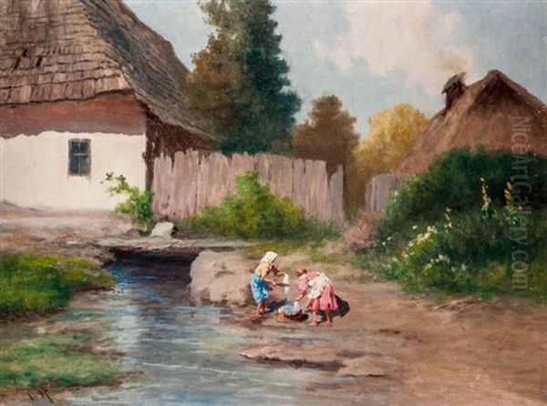 Patakparton Moso Asszonyok Oil Painting by Antal Neogrady