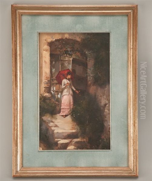 Lady With Red Parasol Oil Painting by Antal Neogrady