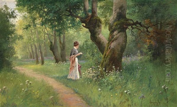 Lesende Junge Dame In Einer Fruhlingslandschaft Oil Painting by Antal Neogrady