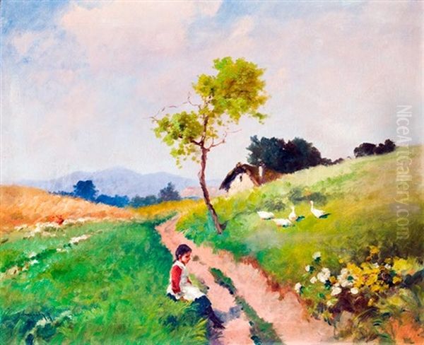 Libakat Legelteto Kislany Oil Painting by Antal Neogrady