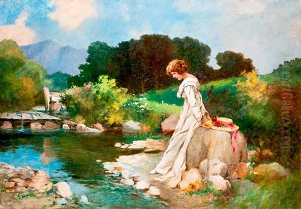 Kalapos Holgy Vizparton Oil Painting by Antal Neogrady