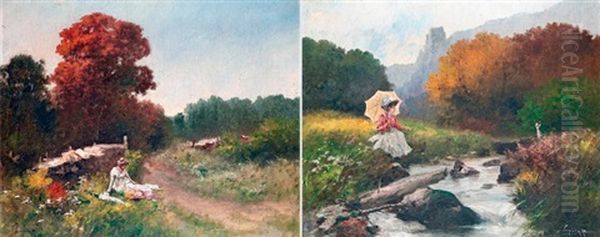 Lanyok A Tisztason Es Piheno (pair) Oil Painting by Antal Neogrady